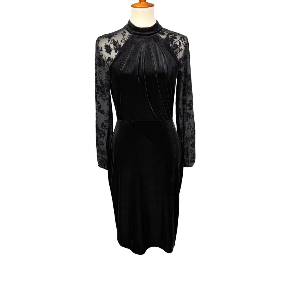 Eliza J Sheath Dress Womens 6 Black Velvet Floral Lace Sleeve Holiday Cocktail
